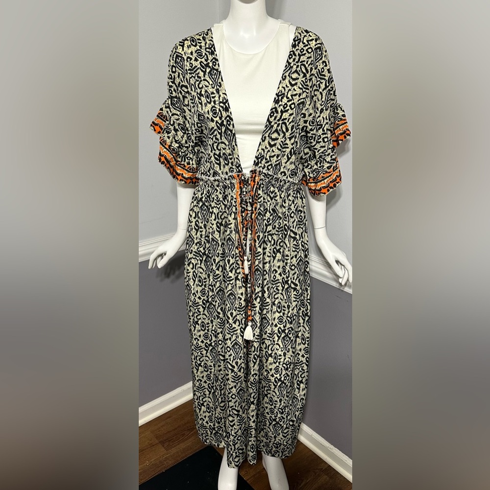 LULLA COLLECTION Boho Kimono Maxi Swimsuit Cover up‎ Ikat Print Ruffle Sleeve OS